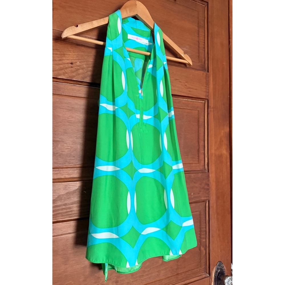 Alice & Trixie 100% Silk Halter Top Green Blue Geometric Print Zip Neck Small